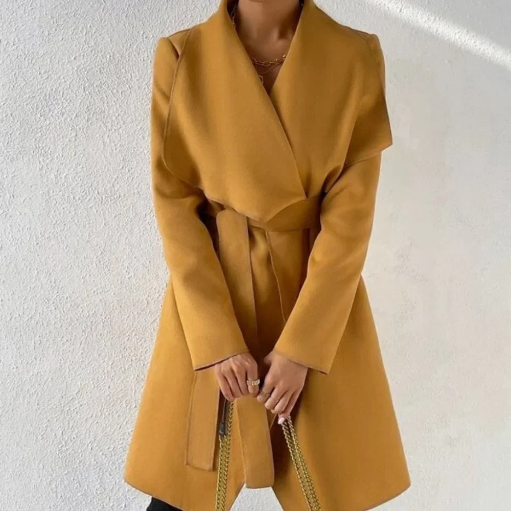 Belted Waterfall Collar Trench Overcoat Coat Jacket - Picture 5 of 6